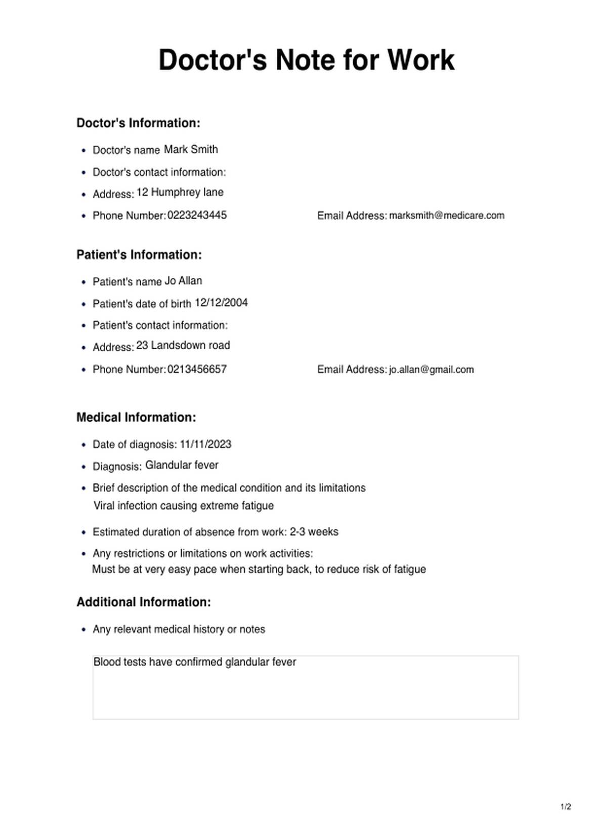 Vorlage „Notiz des Arztes für die Arbeit“ PDF Example