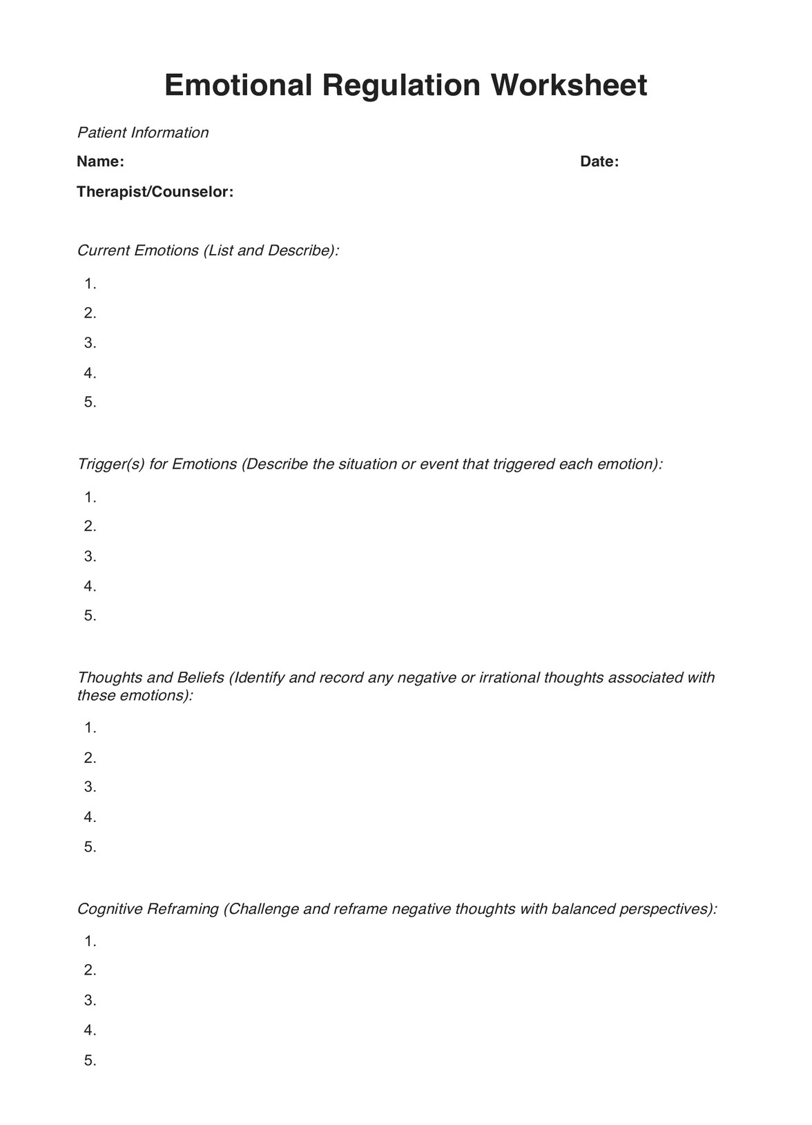 Arbeitsblätter zur emotionalen Regulierung PDF Example