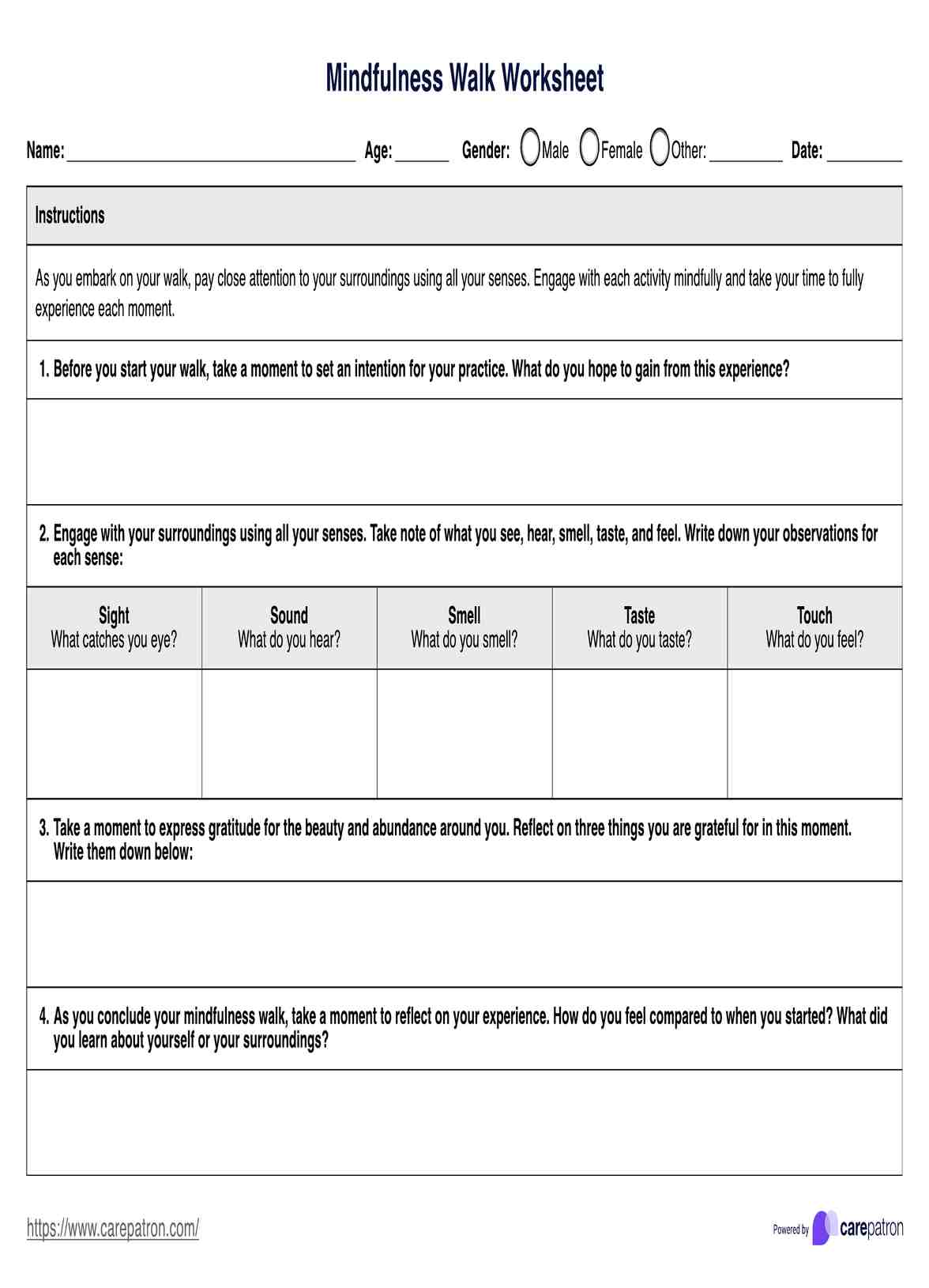 Arbeitsblatt zum Mindfulness Walk PDF Example