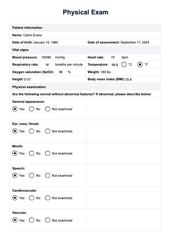 Vorlage für eine körperliche Untersuchung PDF Example